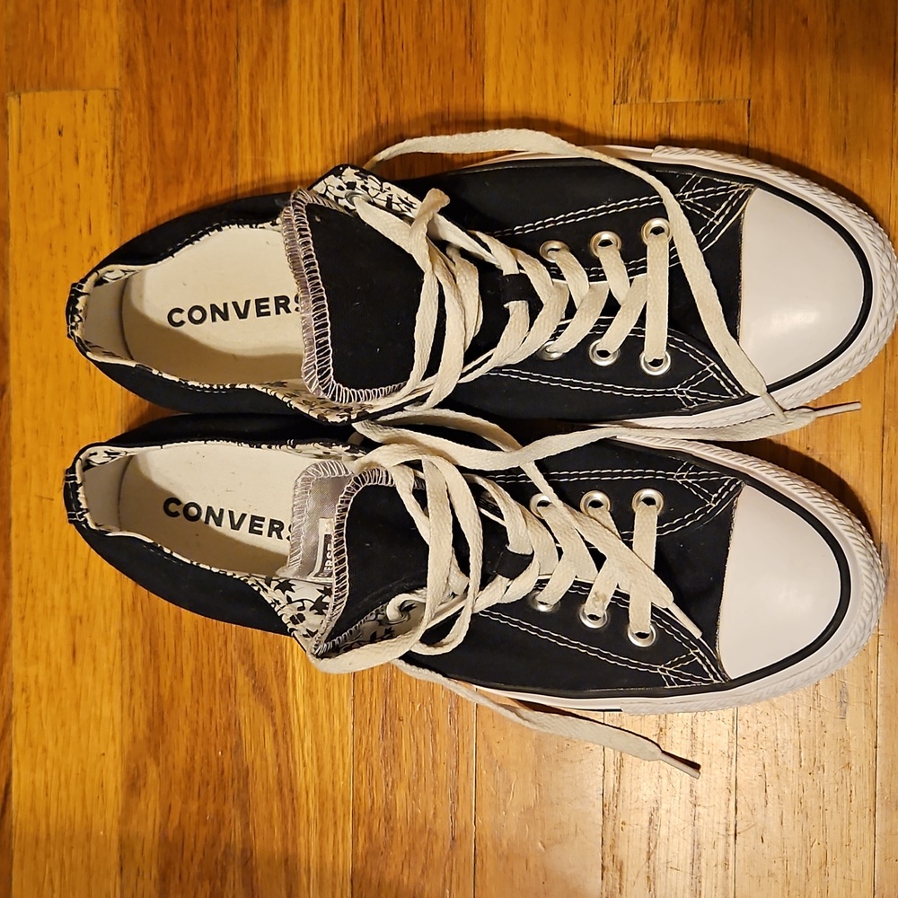 Converse All Stars Mens 10 Womens 12 Black White Silver Floral Double Tongue